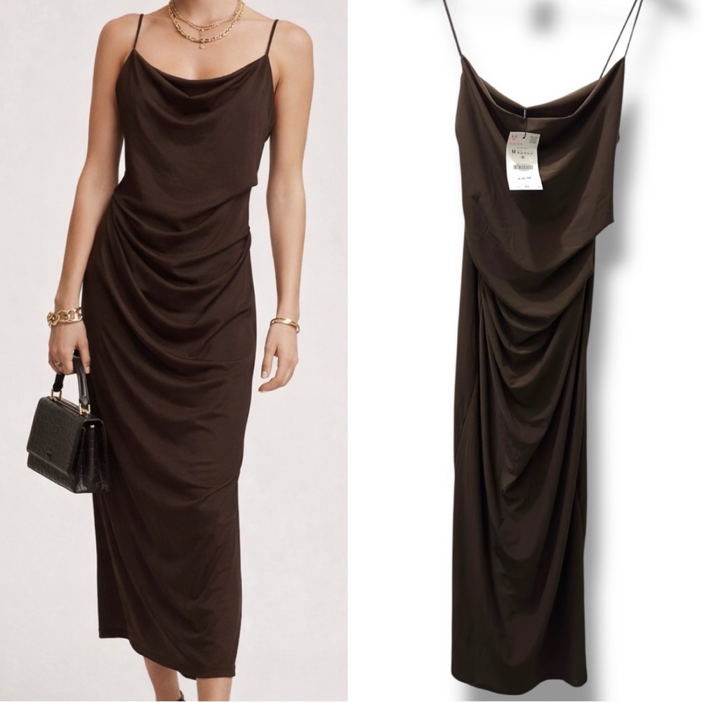 ZARA | NWT Morocco Women's Brown Draped Cowl Neck Slip Maxi Dress (size M)